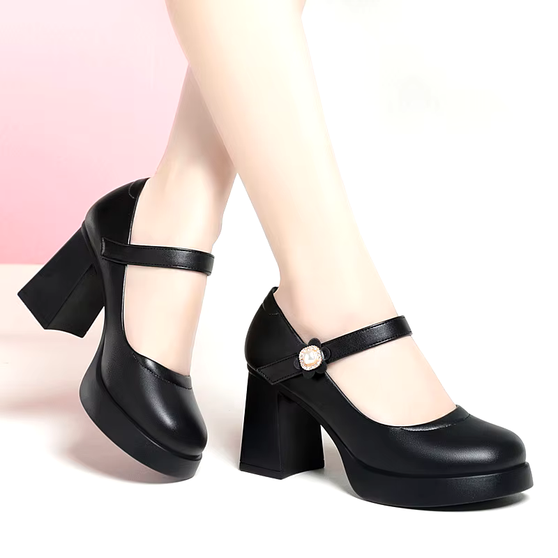 New Style retro fashion elegant medium heel square toe chunky heel retro loafers comfort black platform mary jane