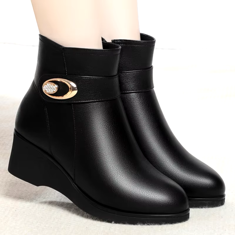hot sale winter warm black leather wedge heel ankle boots wedges shoes ladies women