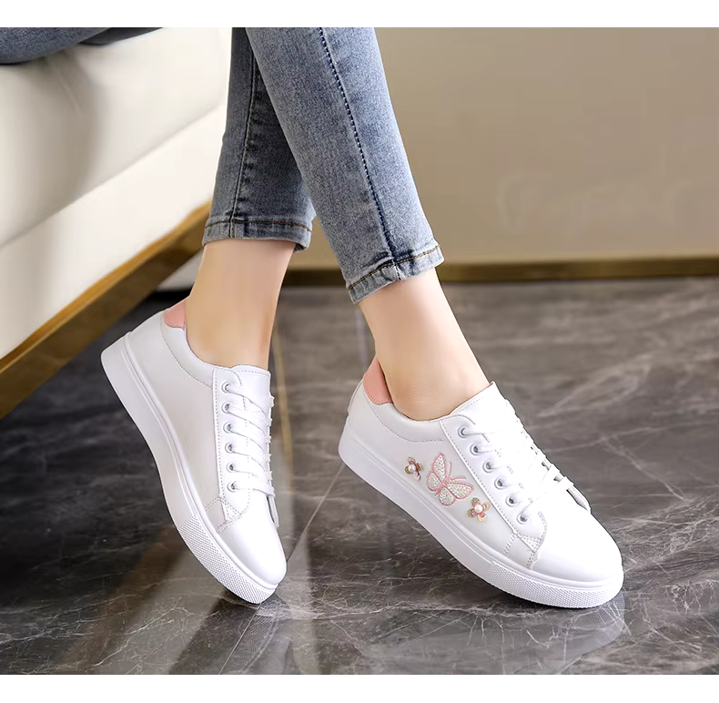 New fashion spring breathable flat shoes leather lace-up sports casual shoes women 2024 white sneakers