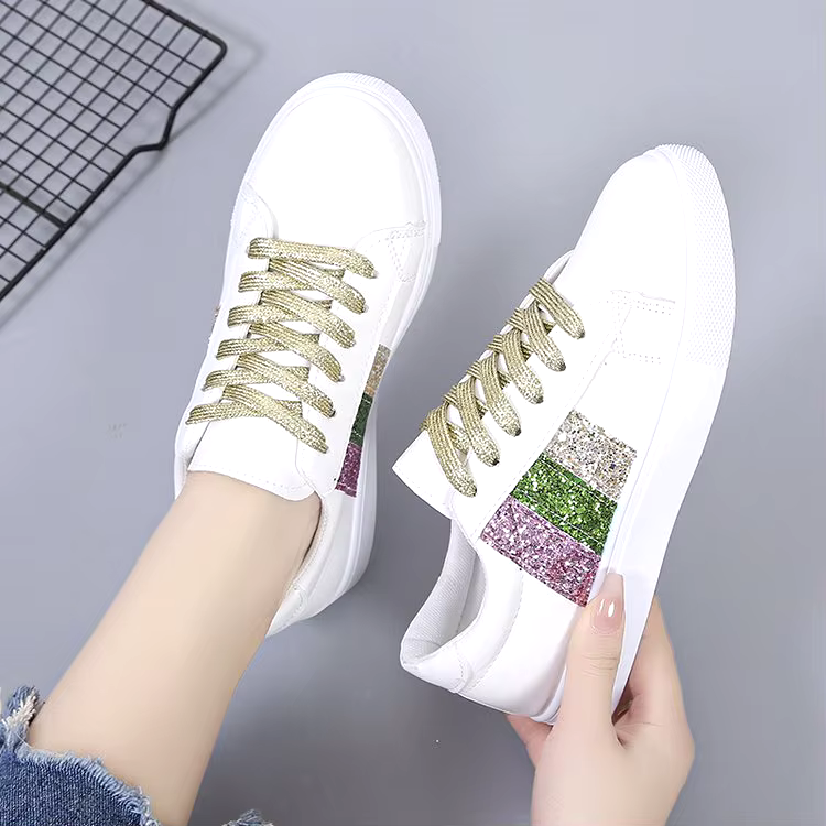 High quality classic fashion microfiber Sequin white skateboard vulcanized casual shoes women's sneaker