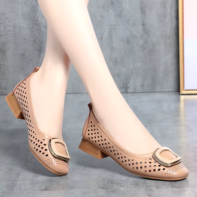 Spring summer hollow breathable bean shoes square buckle soft leather 2.5cm high quality flat shoes pumps for women