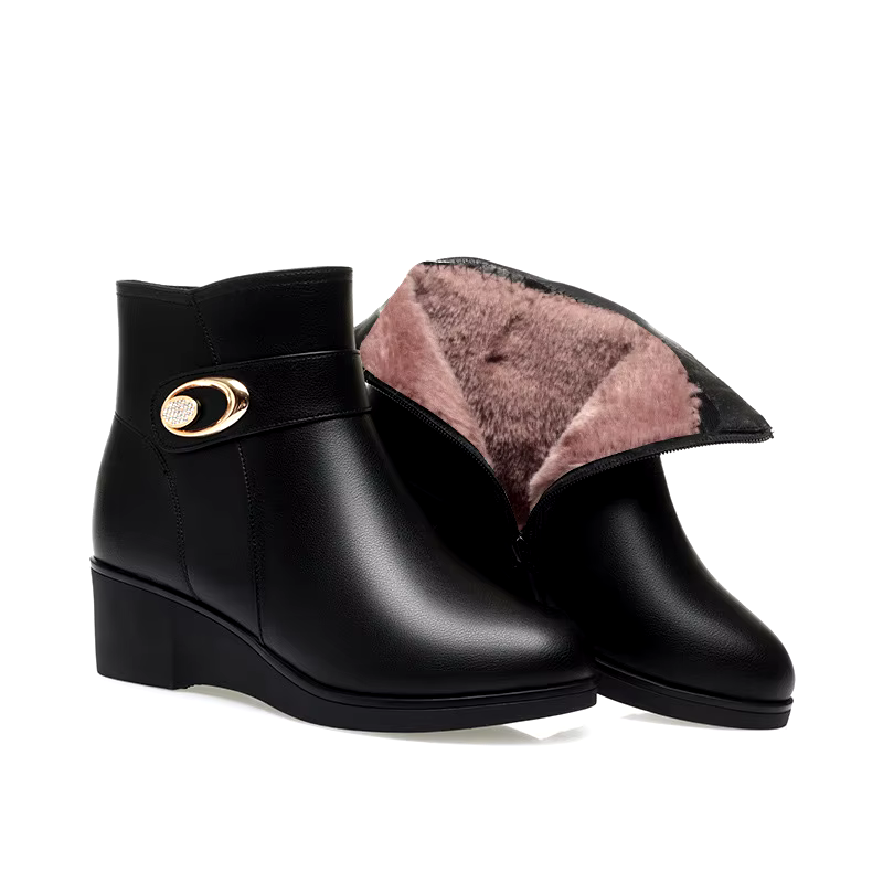 hot sale winter warm black leather wedge heel ankle boots wedges shoes ladies women