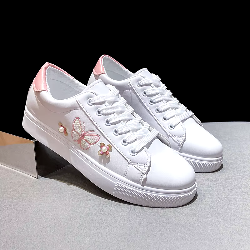 New fashion spring breathable flat shoes leather lace-up sports casual shoes women 2024 white sneakers