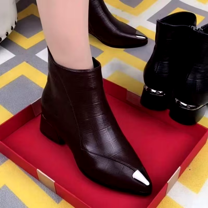 latest fashion pointed toe pu leather block heels boots lady high heel ankle boot shoes