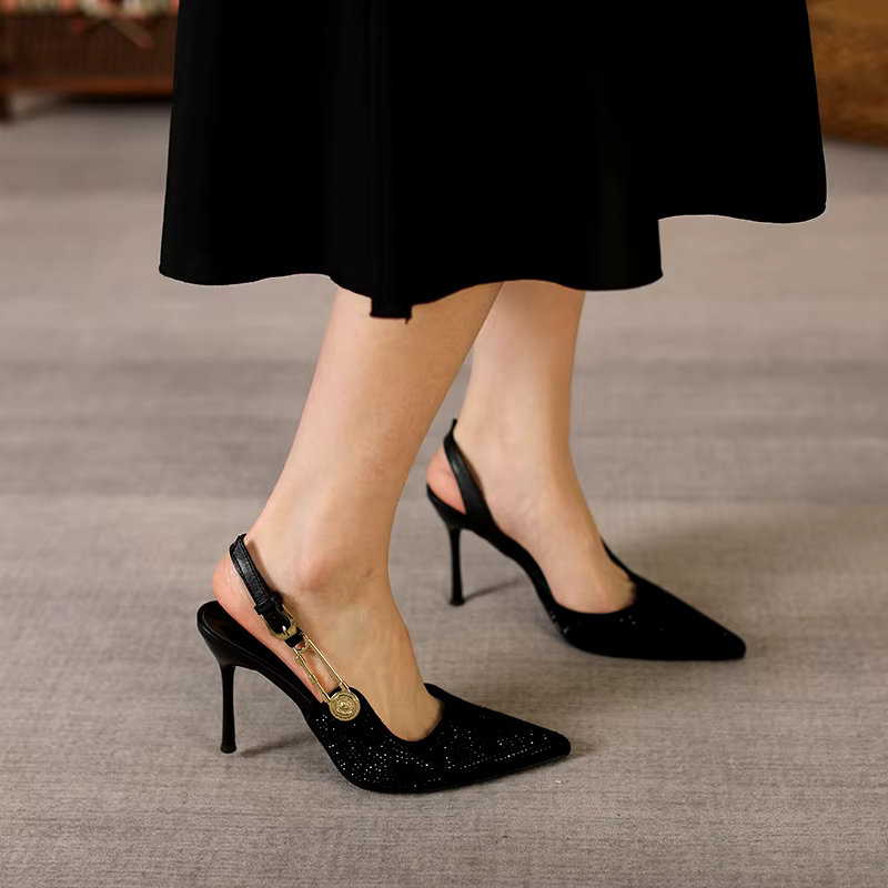 Summer new pointy black diamond sexy stiletto spike heel slingback high heel pumps sandals women's shoes