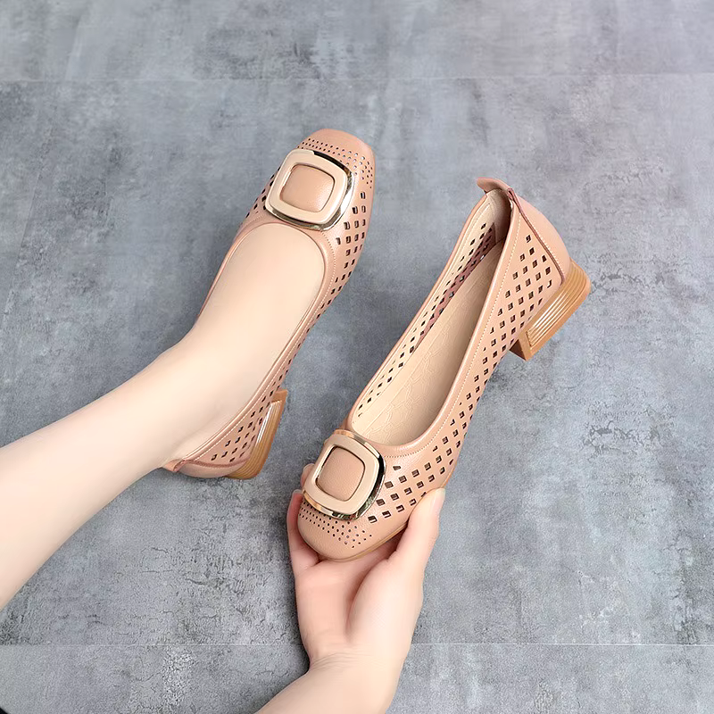 Spring summer hollow breathable bean shoes square buckle soft leather 2.5cm high quality flat shoes pumps for women
