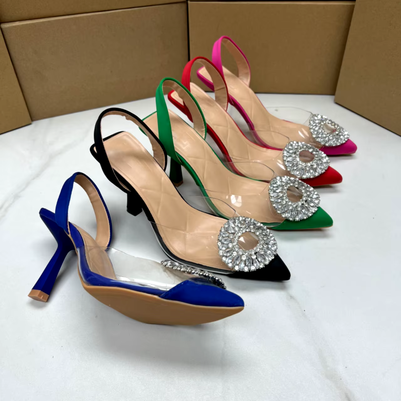 New fashion round buckle sexy transparent surface comfortable high heels pump rhinestone women sandals