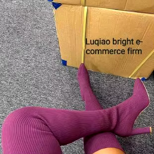 fashion high quality sexy high heel long thigh high boots knit upper elastic sock over knee high boots