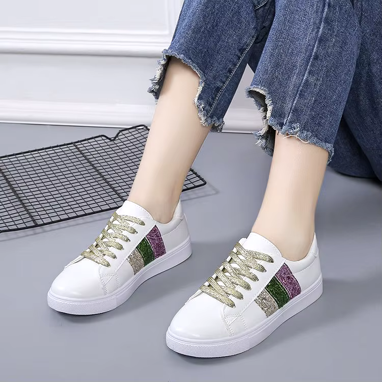 High quality classic fashion microfiber Sequin white skateboard vulcanized casual shoes women's sneaker