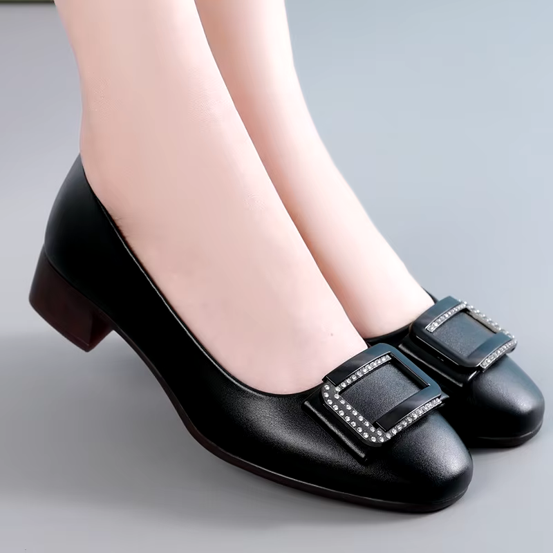 Round toe comfortable lightweight soft-soled mid-heels slip on casual genuine leather pumps shoes