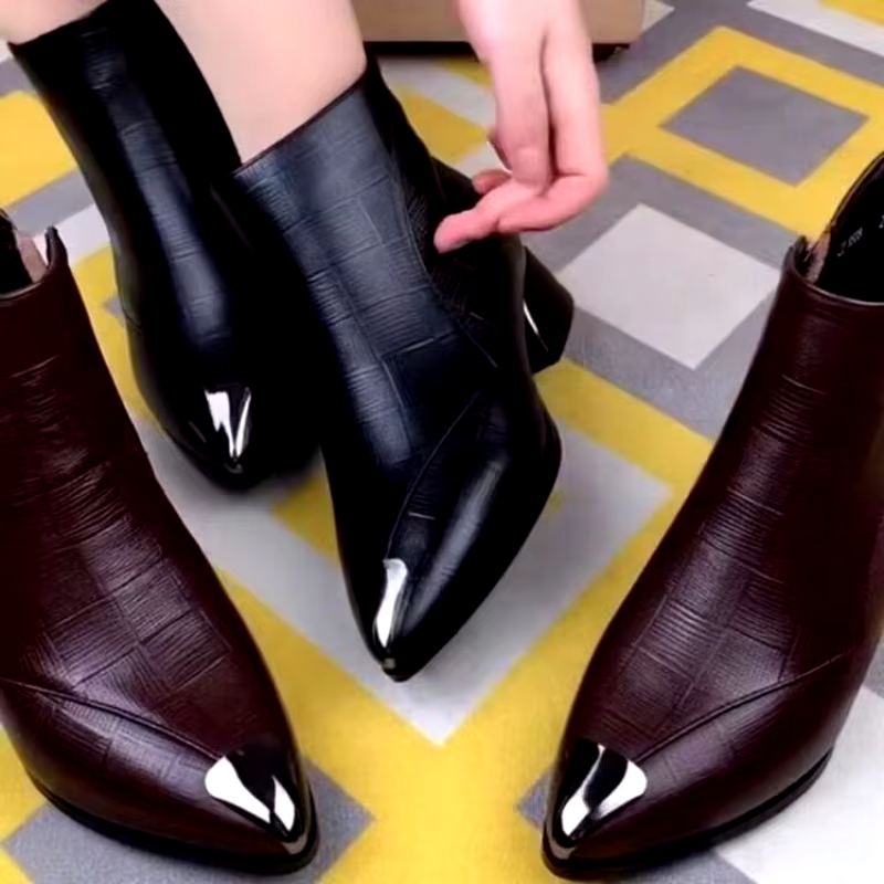 latest fashion pointed toe pu leather block heels boots lady high heel ankle boot shoes