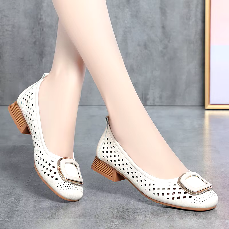 Spring summer hollow breathable bean shoes square buckle soft leather 2.5cm high quality flat shoes pumps for women