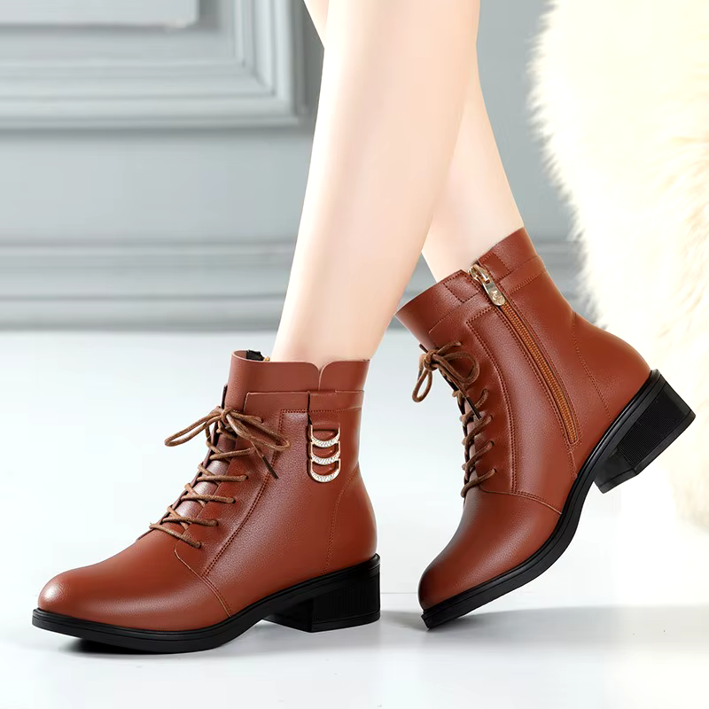 new fashion brown leather shoes 4cm long ankle boots for ladies with flat heel
