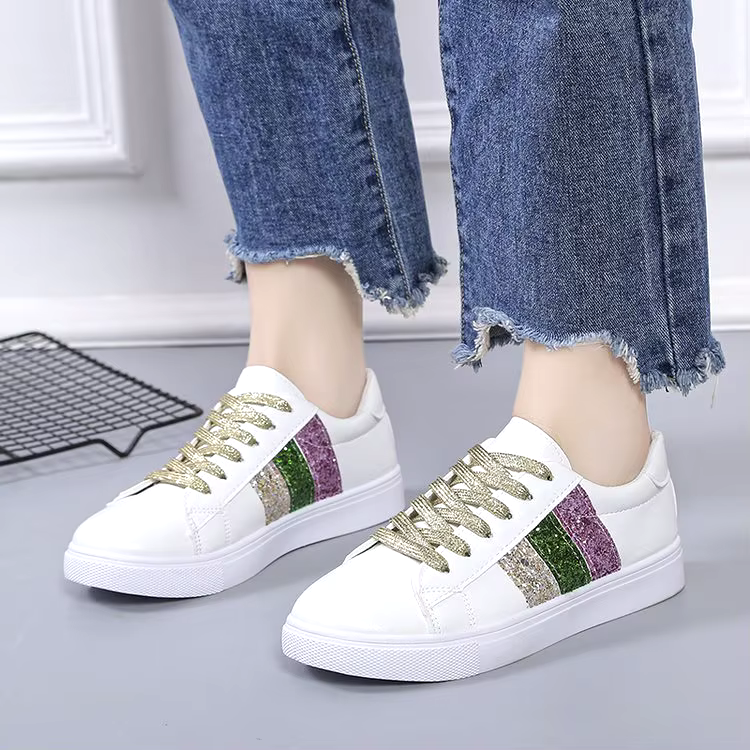 High quality classic fashion microfiber Sequin white skateboard vulcanized casual shoes women's sneaker