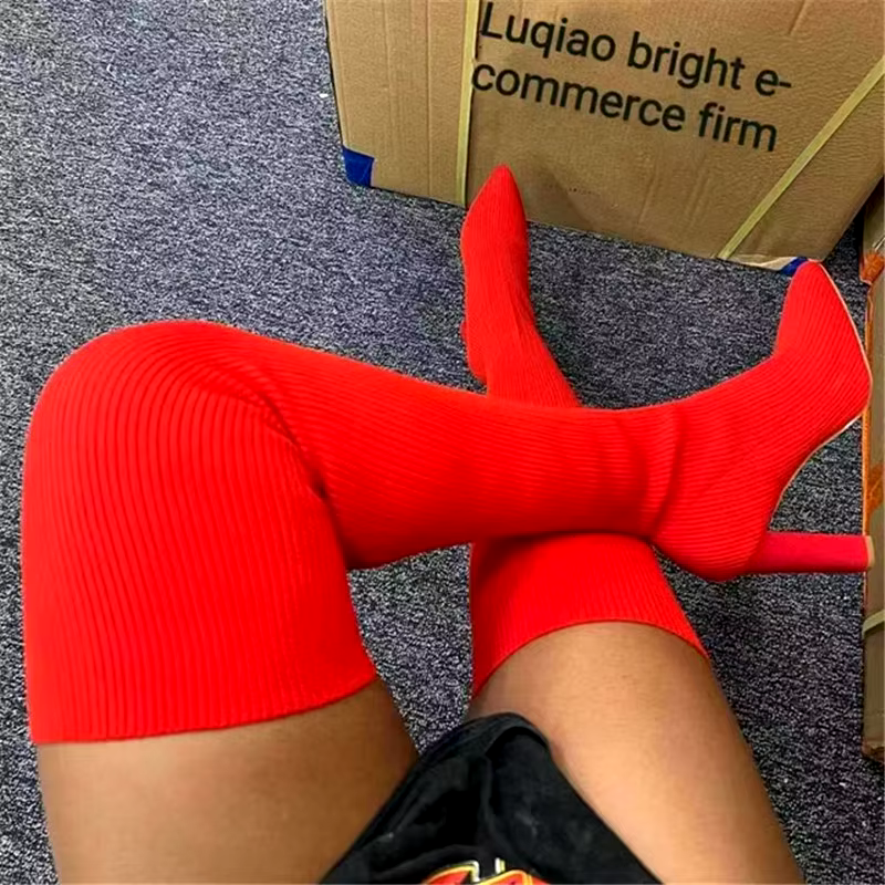fashion high quality sexy high heel long thigh high boots knit upper elastic sock over knee high boots