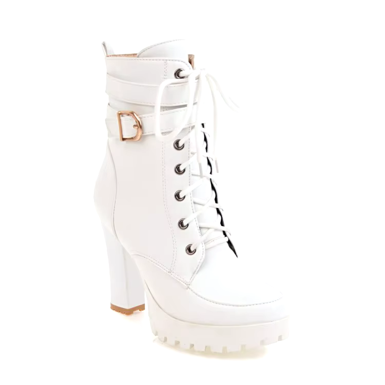 Plus size Fashion belt buckle lace-up classy leather boots round toe winter new round toe chunky heel leather boots