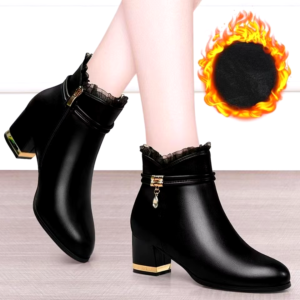 New british style round toe mid heeled platform block heel chunky black leather ankle boots