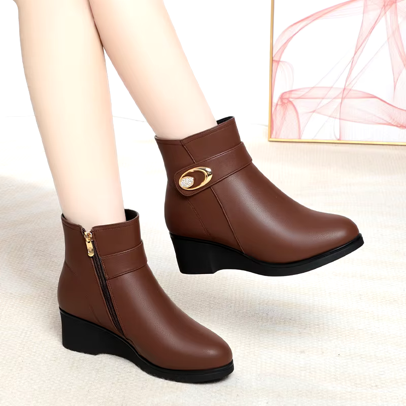 hot sale winter warm black leather wedge heel ankle boots wedges shoes ladies women