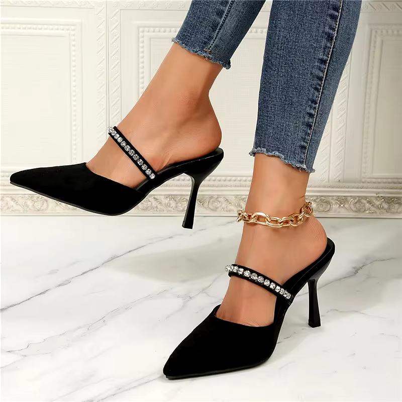 New Female Pointed-toe Rhinestone High Heels Stilettos Women Casual Sandals Shoes 2024 Chaussure Femme For Daily