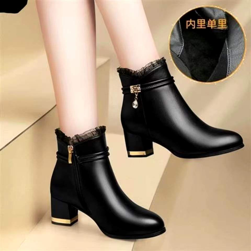 New british style round toe mid heeled platform block heel chunky black leather ankle boots