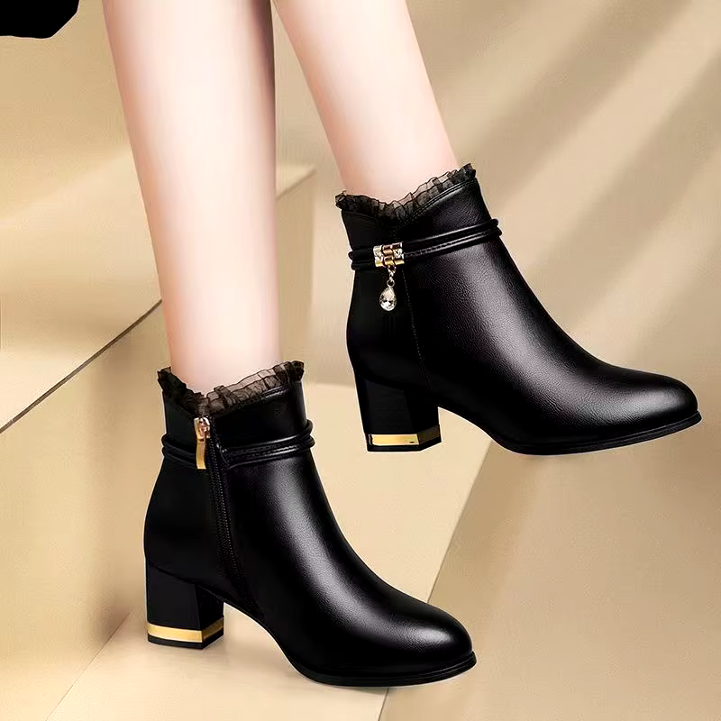 New british style round toe mid heeled platform block heel chunky black leather ankle boots
