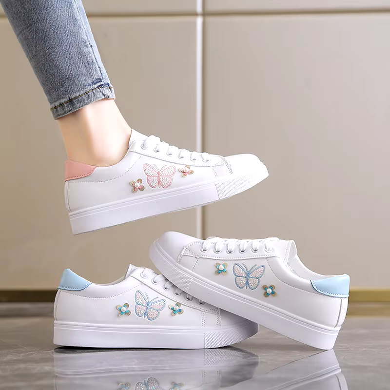 New fashion spring breathable flat shoes leather lace-up sports casual shoes women 2024 white sneakers