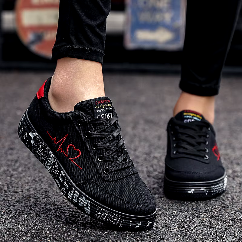 New breathable low top girls red casual sneakers black leather canvas trendy shoes for men and women
