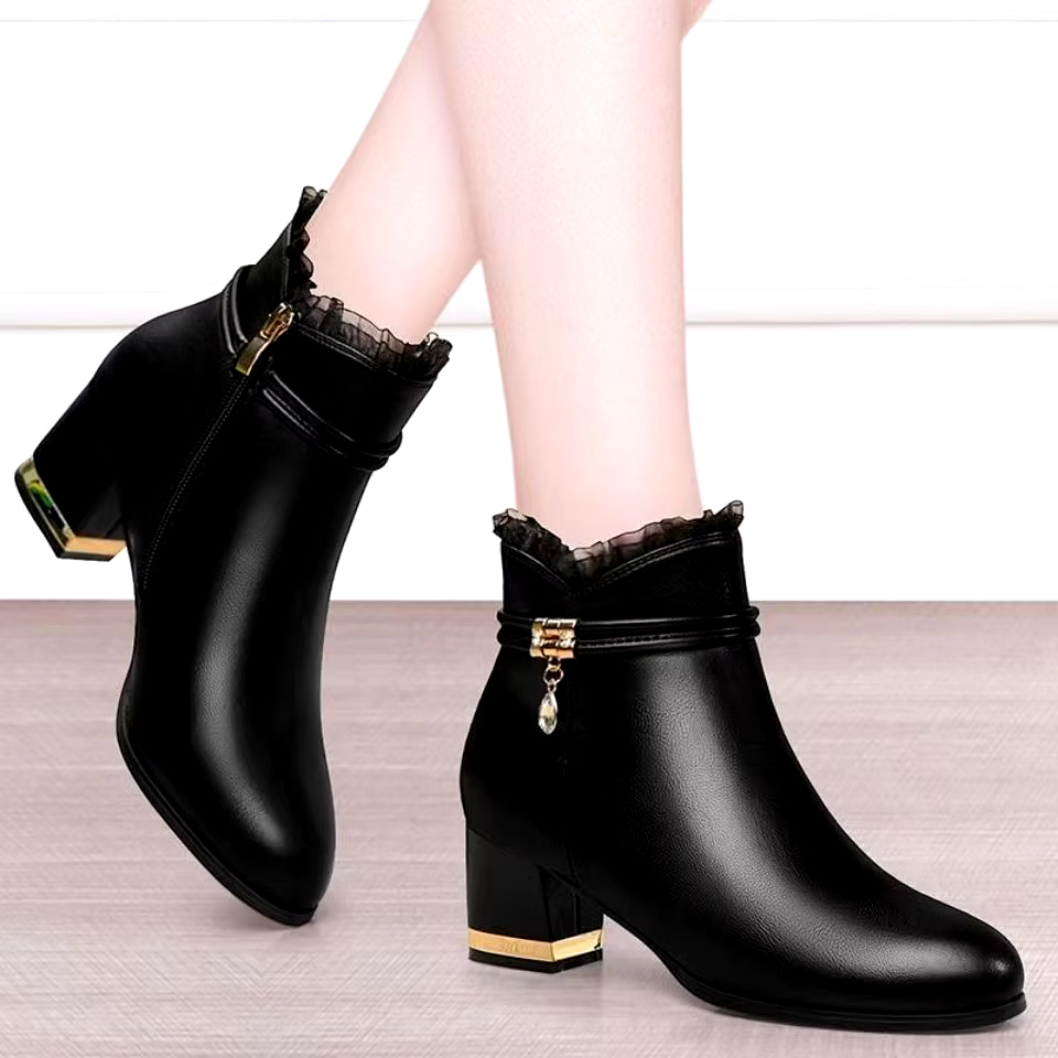 New british style round toe mid heeled platform block heel chunky black leather ankle boots
