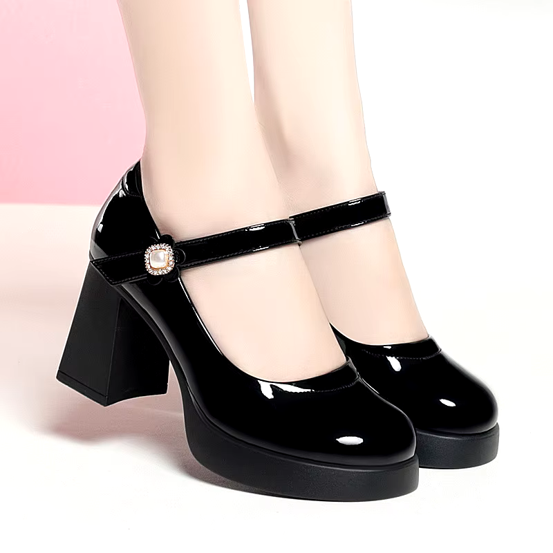 New Style retro fashion elegant medium heel square toe chunky heel retro loafers comfort black platform mary jane