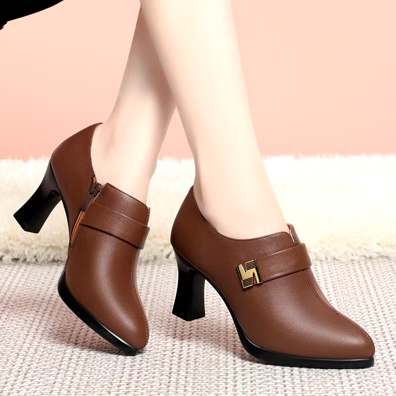 fashion 7cm heel leather zipper casual ankle boots heels for women new styles