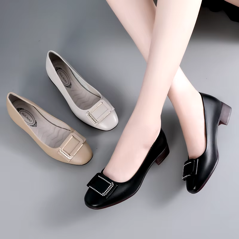 Round toe comfortable lightweight soft-soled mid-heels slip on casual genuine leather pumps shoes