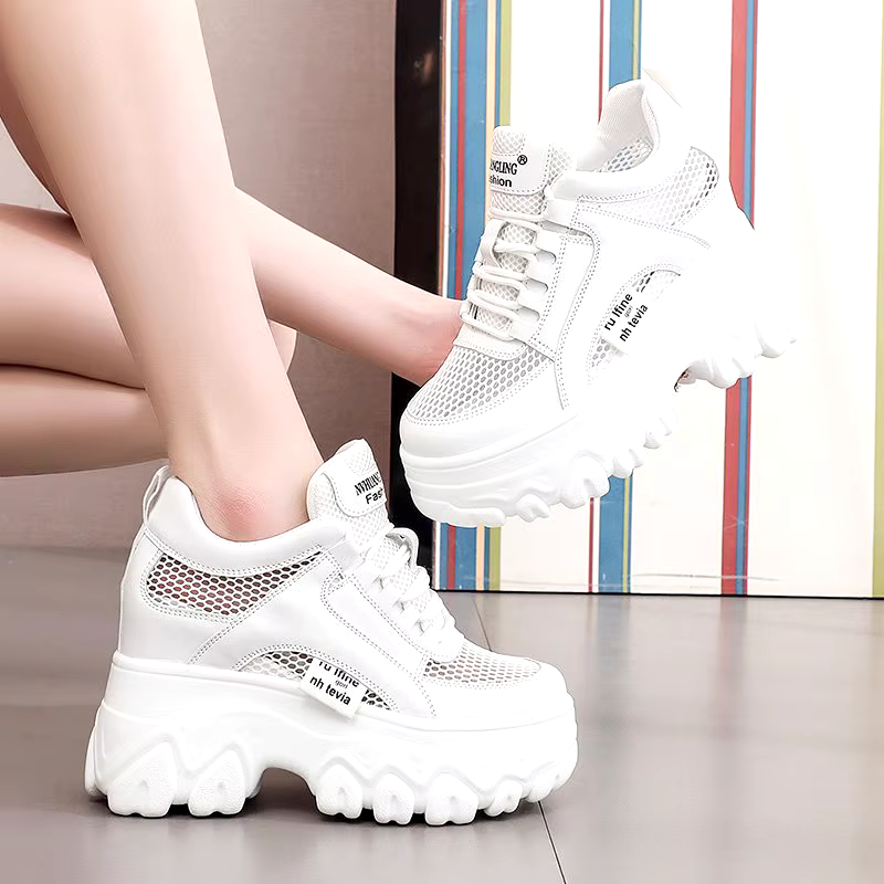 New fashion lace-up breathable mesh sneaker women light weight platform black sports casual shoes for women ladies