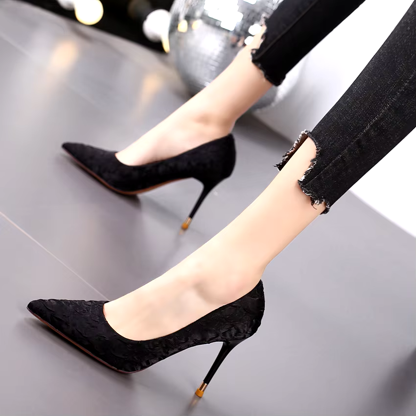 Trendy Stiletto High Heel Pumps Black 9cm Heel shoes for wedding woman holiday party dances pumps
