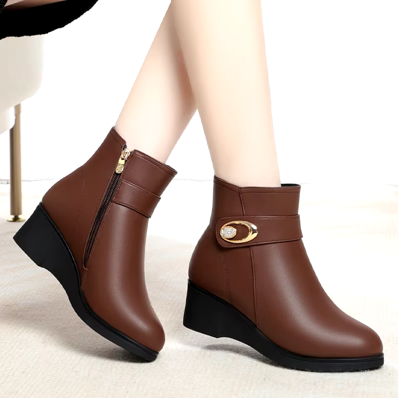hot sale winter warm black leather wedge heel ankle boots wedges shoes ladies women