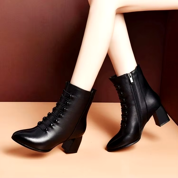 new design winter fashion side zipper leather warm soft sole thick heel shoes for women boots black