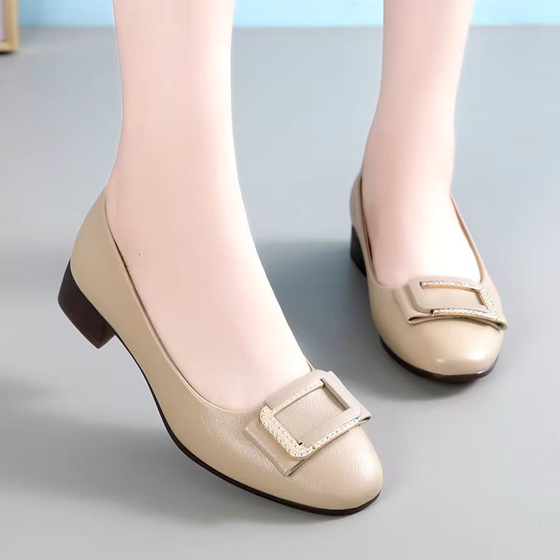 Round toe comfortable lightweight soft-soled mid-heels slip on casual genuine leather pumps shoes
