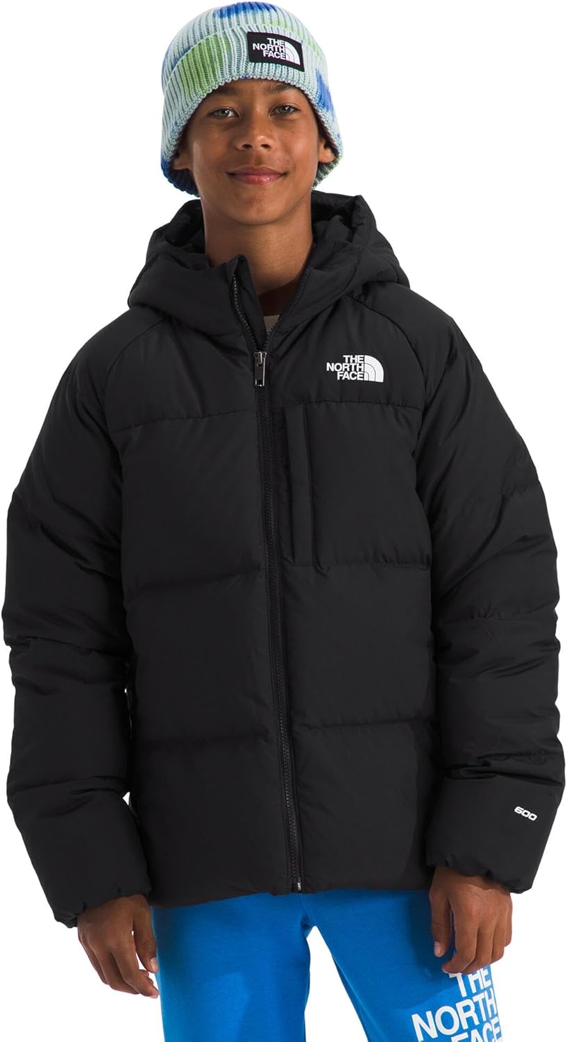 The North Face Boys� North Down Hooded Jacket | Water Repellent, 600 Fill Recycled Waterfowl Down, Insulated Hood, Secure Zip Pockets, TNF Black, XX-Large