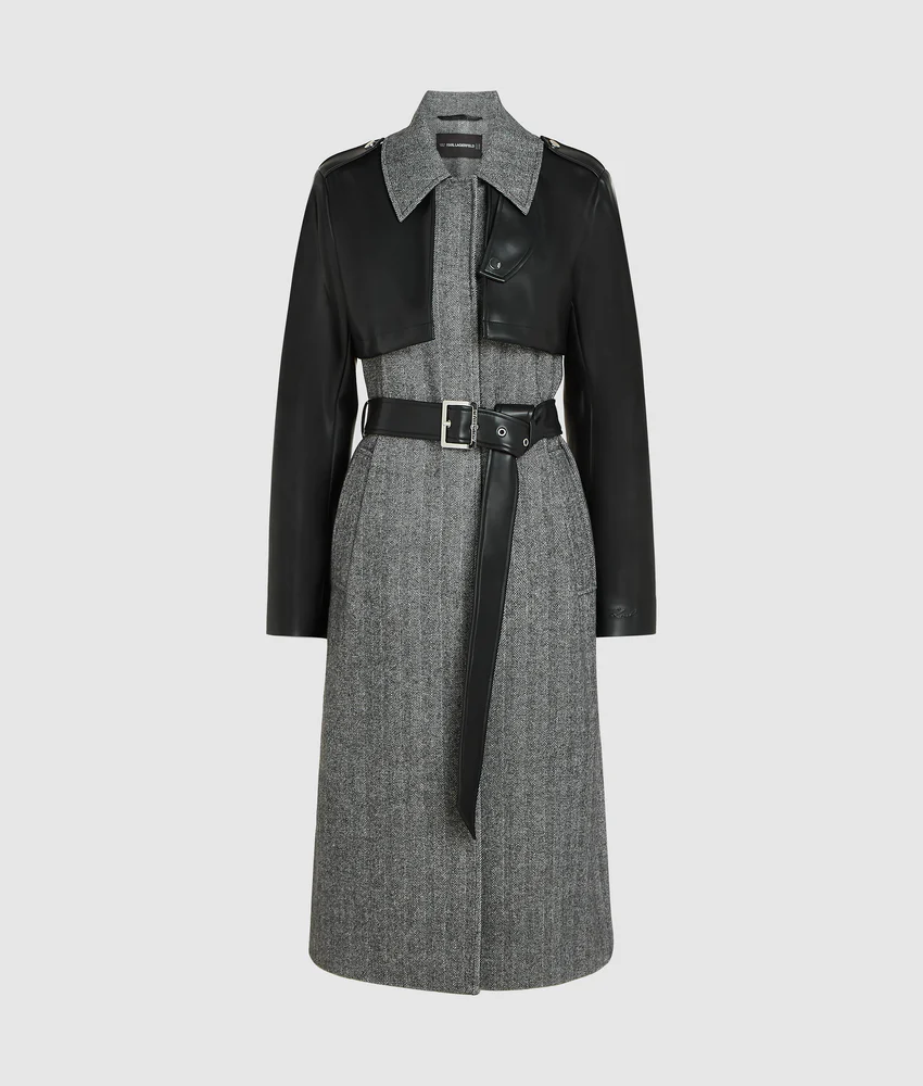 Tweed and faux-leather coat