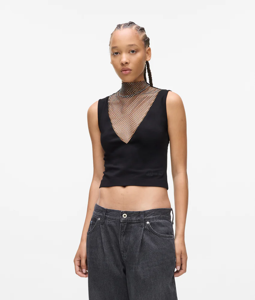 V-neck rhinestone mesh top