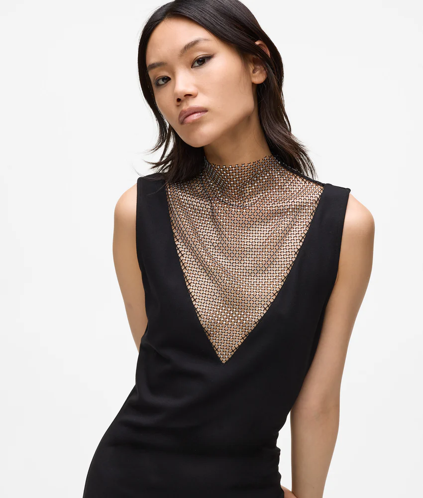 V-neck rhinestone mesh dress