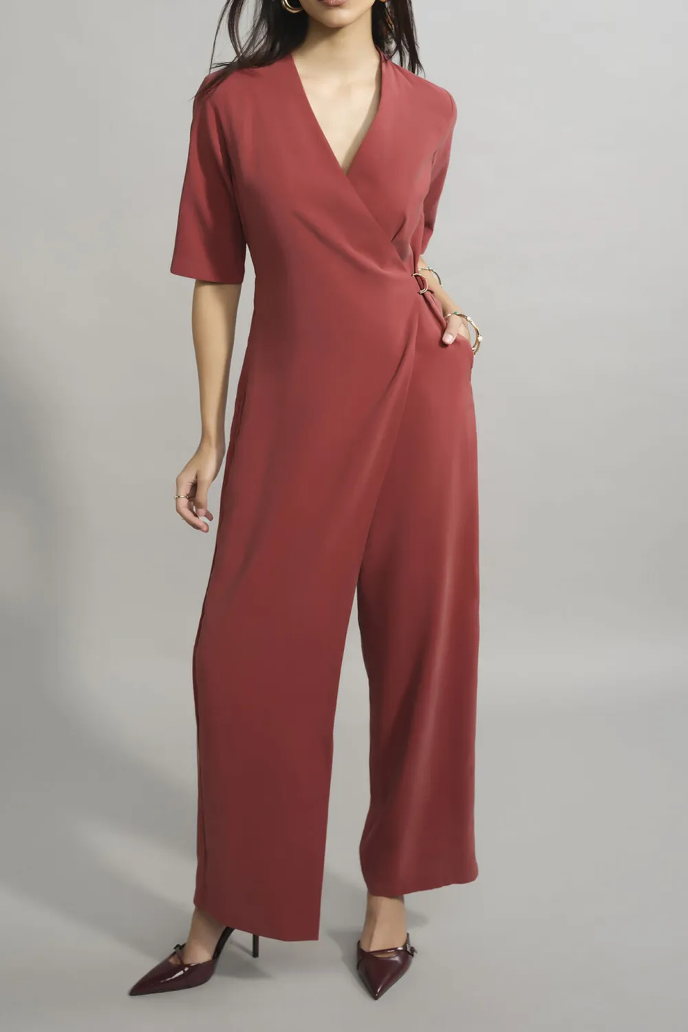 Rust Casual Style Wide-Leg Jumpsuit