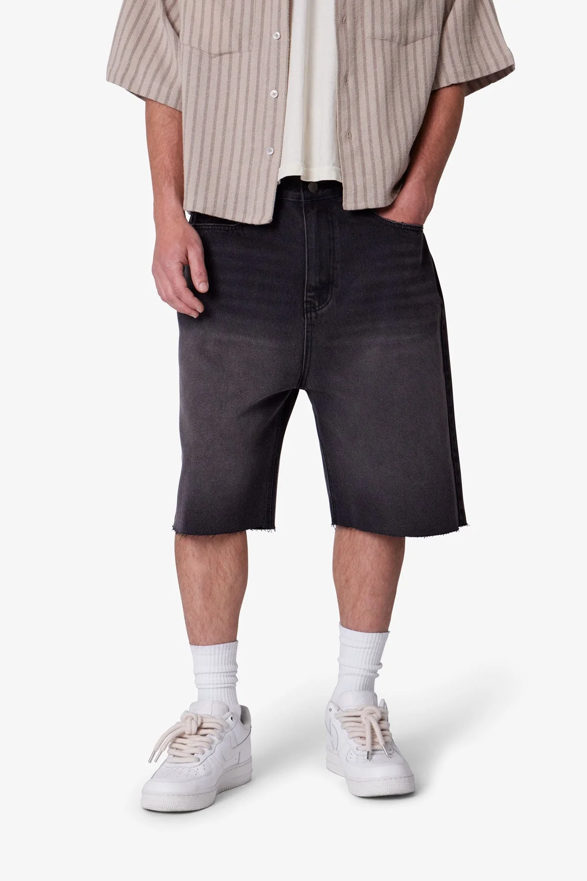 Baggy Cut Off Denim Shorts - Washed Black