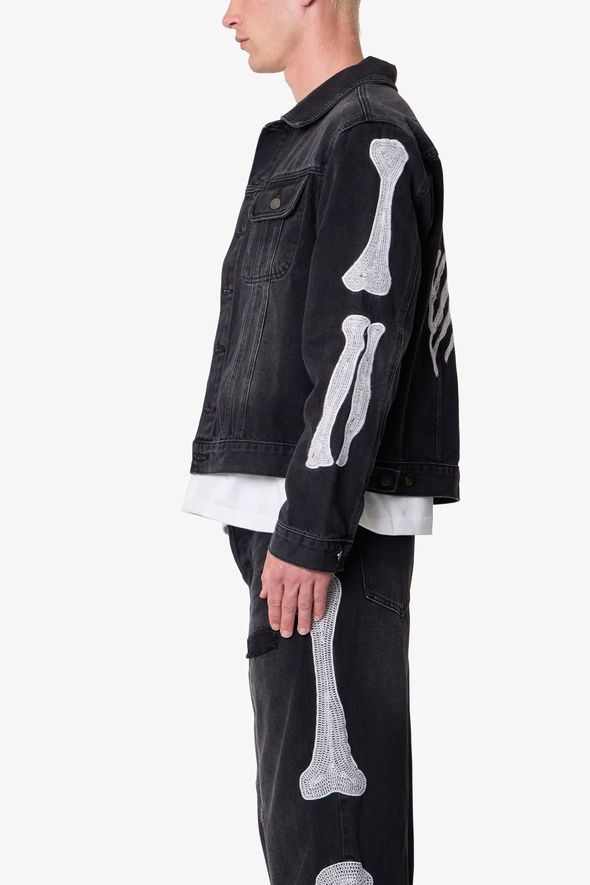 Skeleton Trucker Jacket - Washed Black