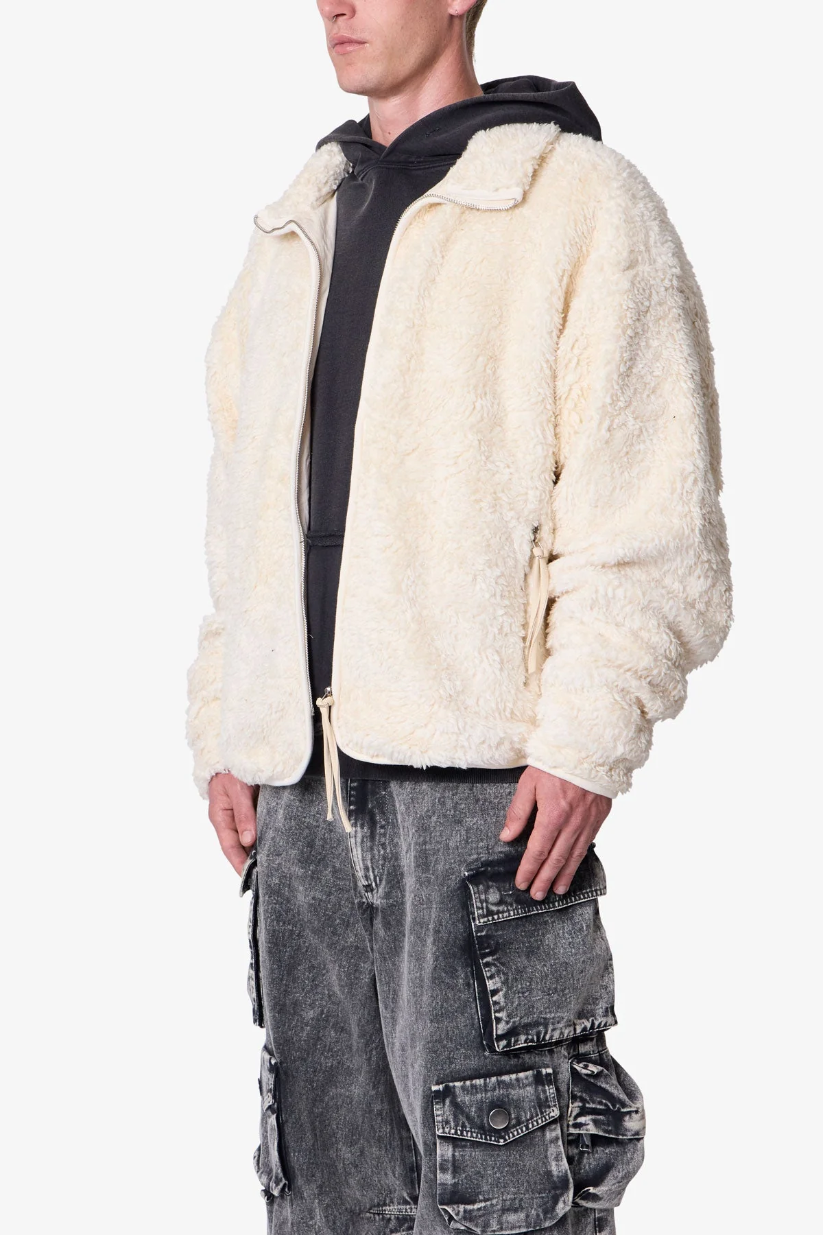 Leather Trim Sherpa Zip Up Jacket - Off White