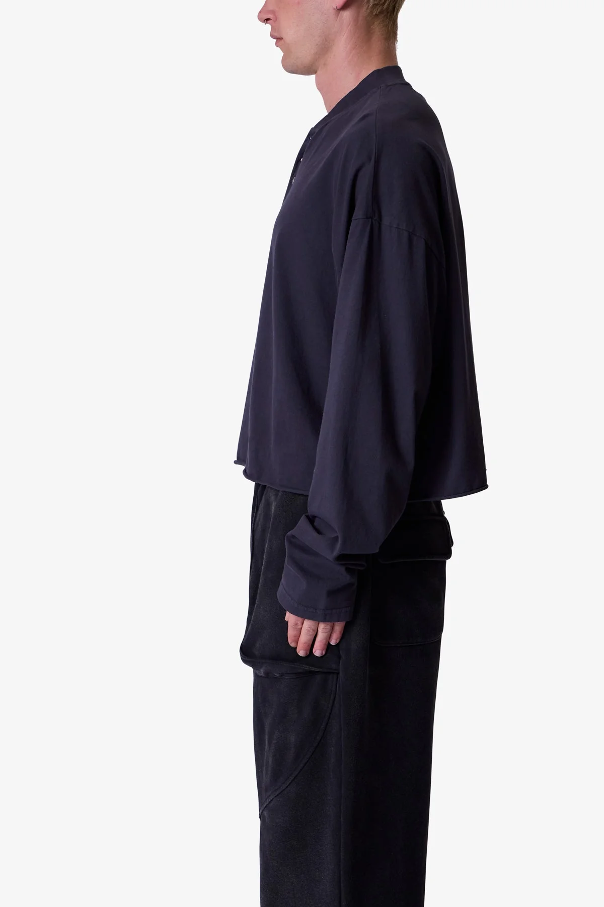 Button Fastened Oversized L/S Tee - Washed Black