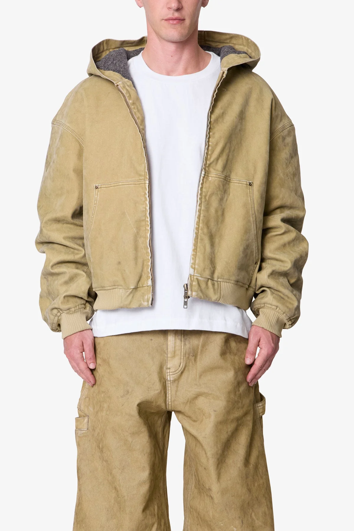 Flocked Hooded Zip Up Work Jacket - Tan