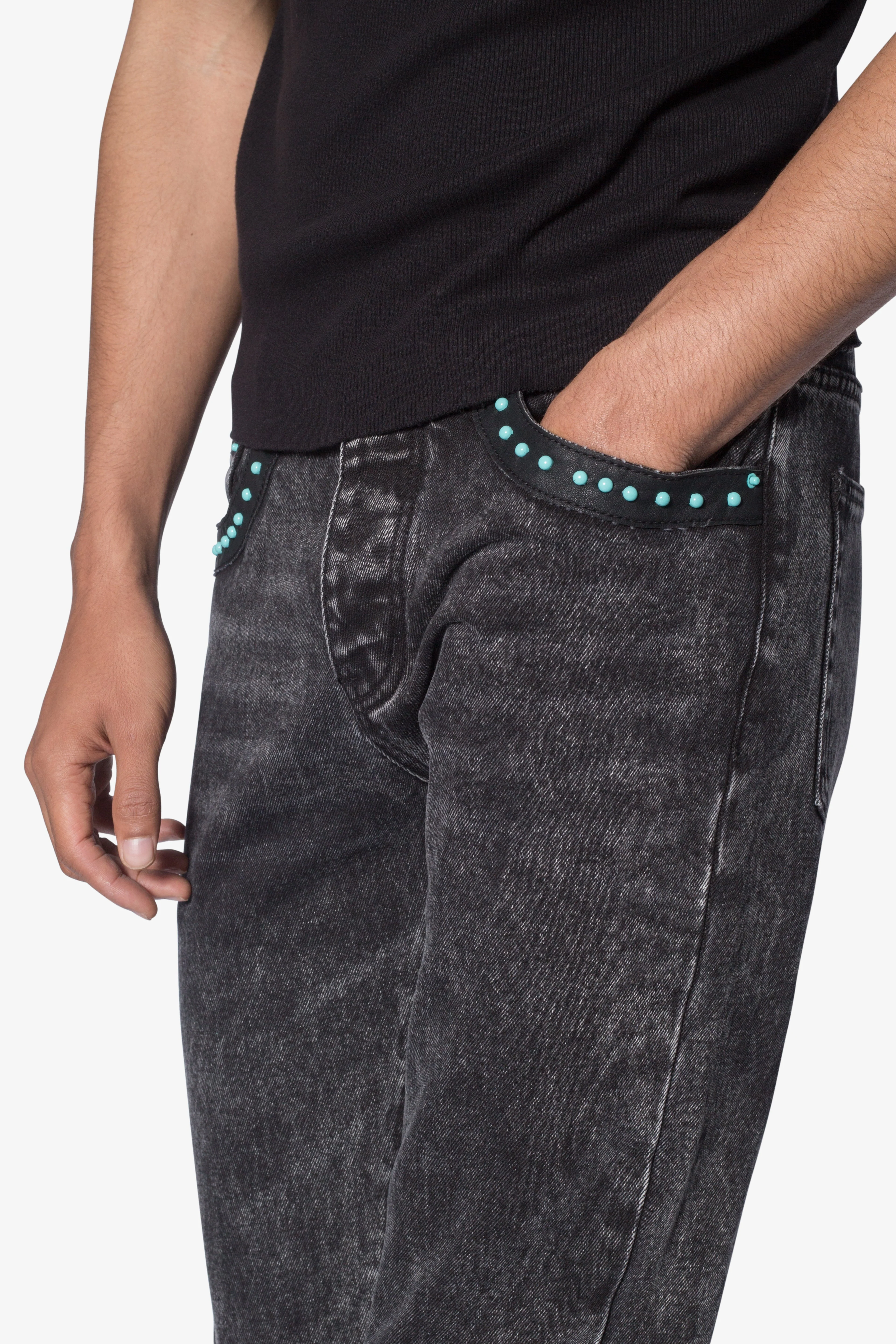 D701 Studded Turquoise Denim - Black