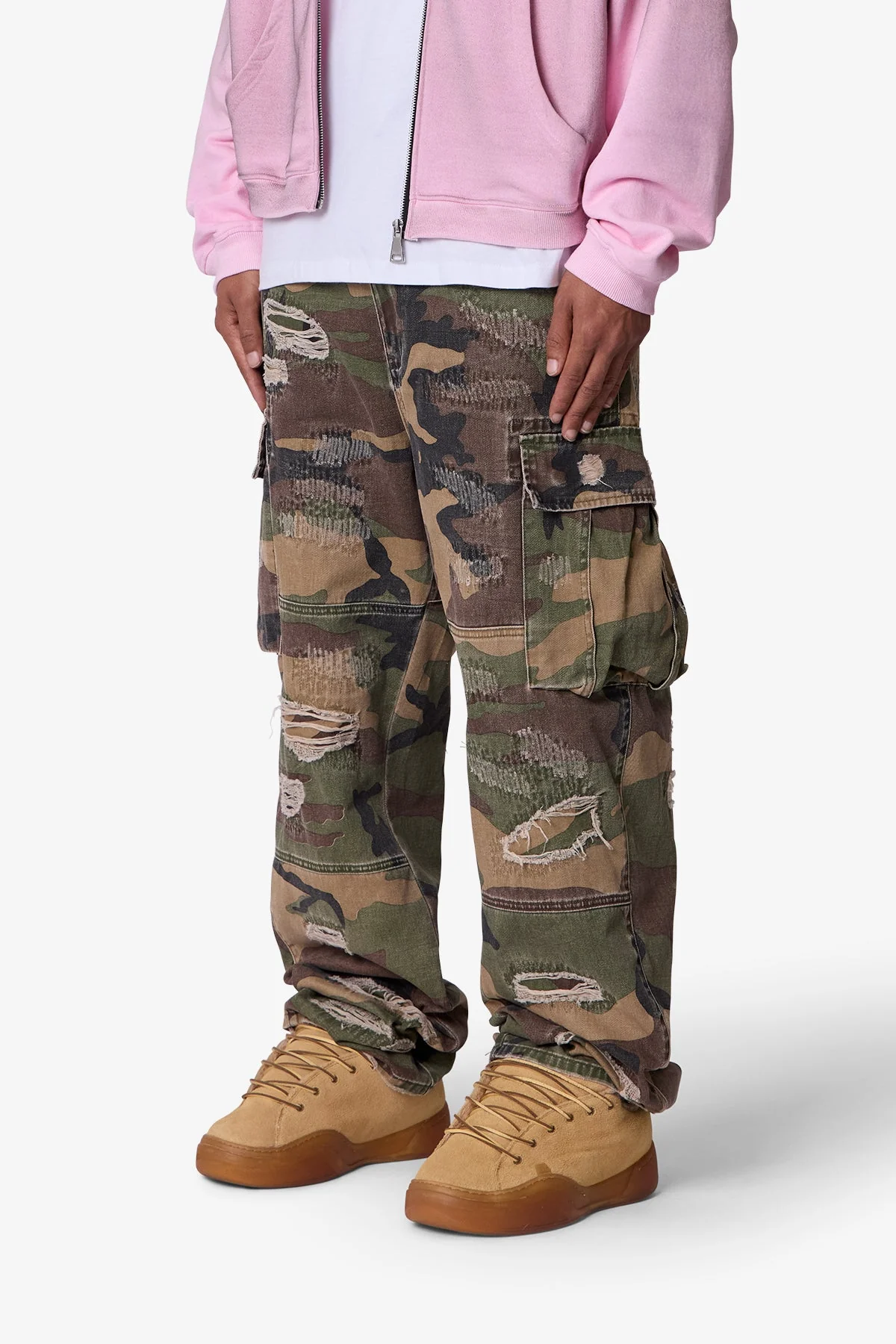 Ultra Baggy Distressed Cargo Pants - Woodland Camo