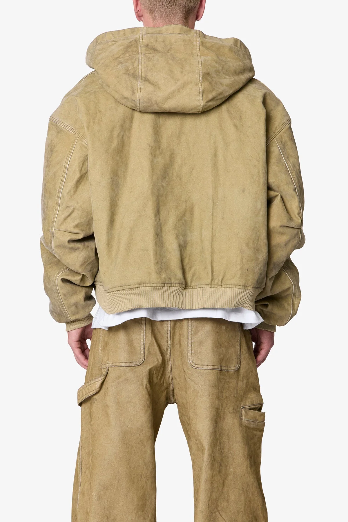 Flocked Hooded Zip Up Work Jacket - Tan