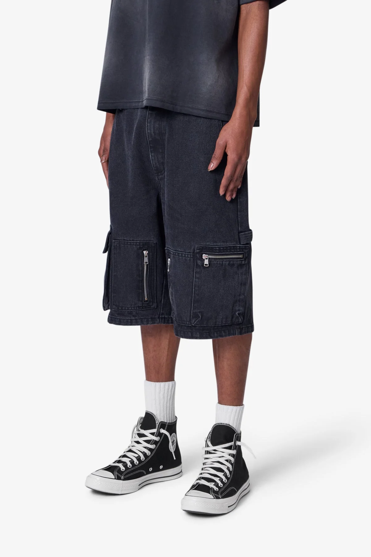 Baggy Zipper Denim Shorts - Black